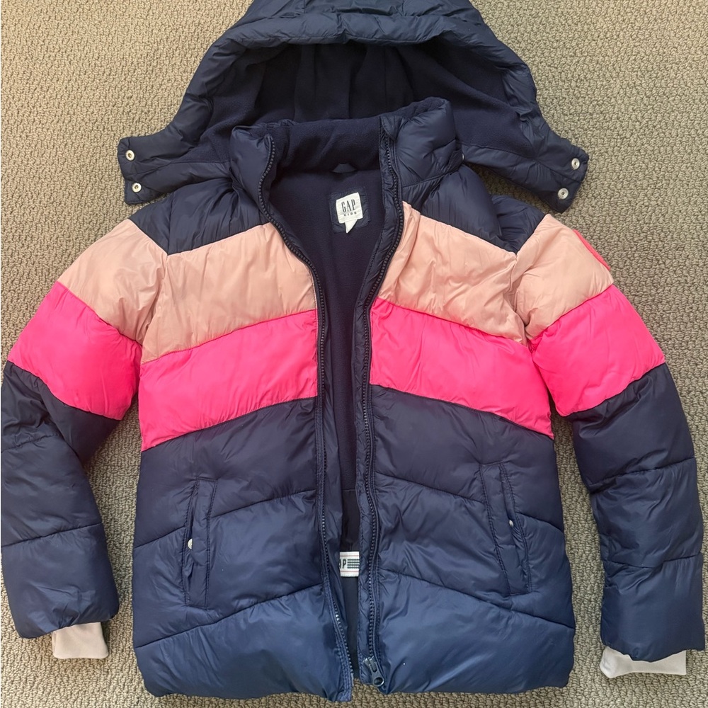 PreOwned GAP Girls Kids Cold Control Colorblock Puff Jacket detachable hood XXL.